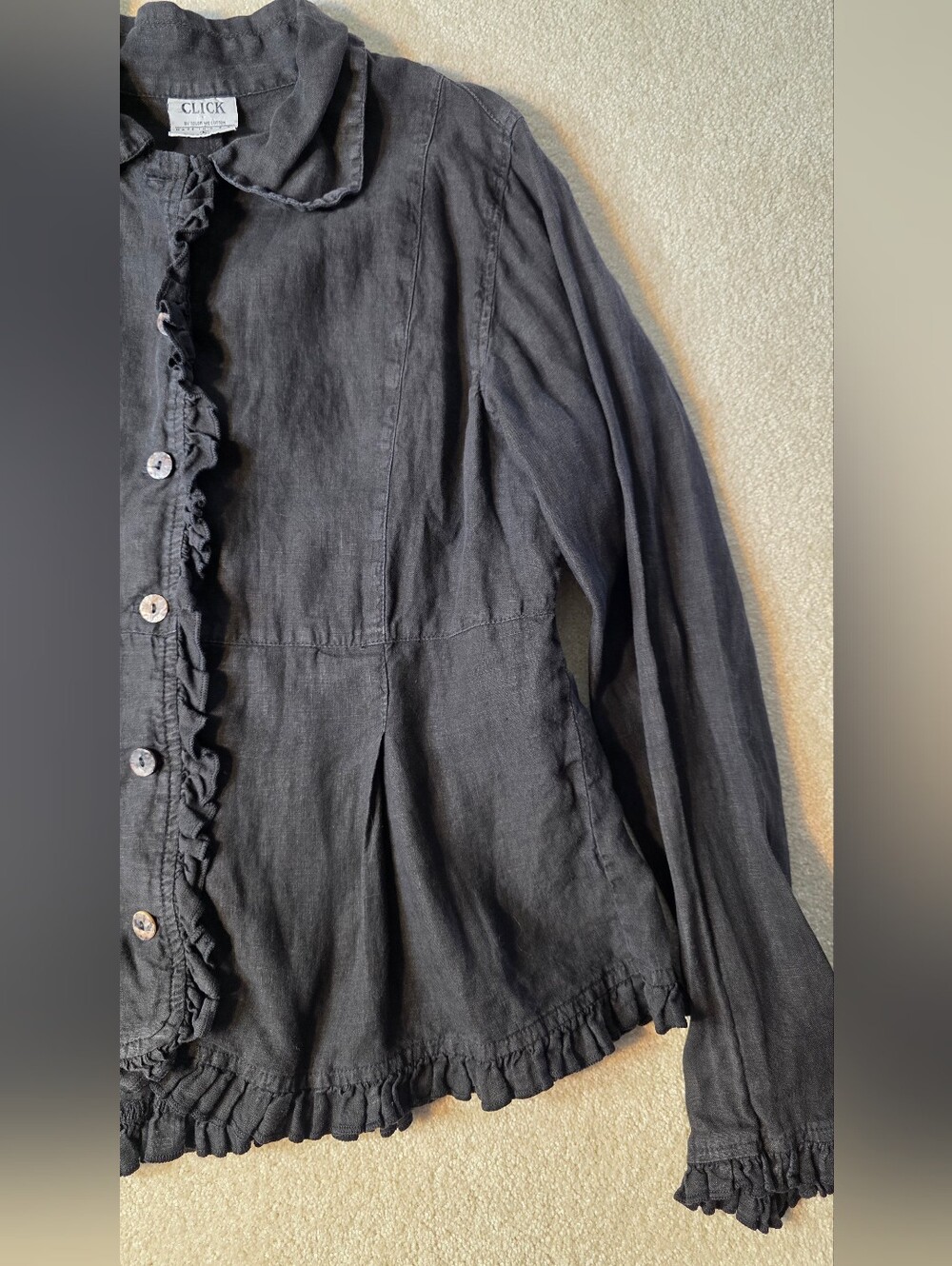 Color Me Cotton Black Linen Button Down Ruffled Hem Whimsigoth Boho Womens L